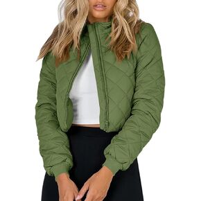 Tankaneo Women's Winter Cropped Puffer Jacket Quilted Zip Up Bomber Coat Fashion Outerwear with Pockets