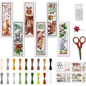 FREEBLOSS 6 Set Cross Stitch Bookmark Stamped Cross Stitch Kit with Cartoon Forest Animal Patterns Embroidery Kit with Instruction DIY Bookmark Kit for Gift Adults 6 * 20CM
