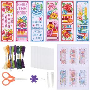 ORIGACH 6 Pcs Cross Stitch Bookmark Kit for Beginner Book Flower Stamped Embroidery Stitch Kits for Starter DIY Bookmarks Printed Cross Stitch Kits for Book Lovers