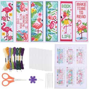 ORIGACH 6 Pcs Cross Stitch Bookmark Kit for Beginner Flamingo Bird Pattern Stamped Embroidery Stitch Kits for Starter DIY Bookmarks Printed Cross Stitch Kits for Book Lovers