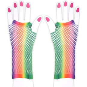 Needzo Rainbow Fingerless Fishnet Gloves, Halloween 2024 Costume Accessories, Mesh Arm Sleeve, 14 x 5.5 Inches