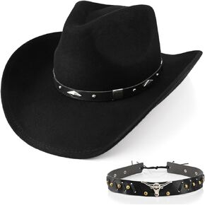 100% Wool Men's Women's Western Cowboy Hat Classic Black Cowgirls Hats Fedora Hat Felt with Two Decorative Bands