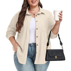 OLRIK Women's Plus Size Shacket Corduroy Jacket Long Sleeve Button Down Shirts Fall Loose Fit Coats with Pockets (1X-5X)