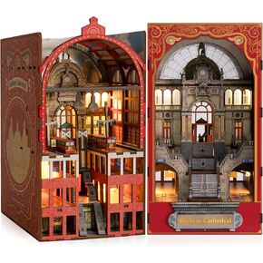 DIY Book Nook Kit 3D Wooden Puzzle Shelf Insert with Motion Sensor LED Light- Miniature Dollhouse Bookend Decor for Adults and Teens - Creative DIY Gift Box