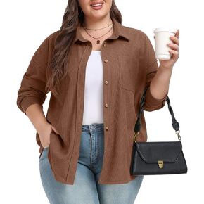 سترة OLRIK النسائية ذات المقاس الكبير من سروال قصير بأكمام طويلة وأزرار سفلية للخريف معاطف فضفاضة مع جيوب (1X-5X) in Kuwait