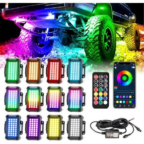 LED Rock Lights for Trucks 12pods, 212-Modes, Music Mode, Adjust Brightness & Speed RGB Rock Light for Jeep Trucks ATV UTV Offroad