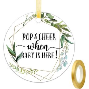 Baby Shower Mini Champagne Bottle Favor Tags, Pop and Cheer When Baby is Here Tags, Greenery Champagne Baby Shower Favor Tags, 2 Inches, 50 Count with Golden Ribbon