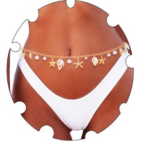 Urieo Boho Starfish Waist Chain Gold Seashell Belly Chains Summer Pearl Metal Waist Belt Chain Bikini Beach Body Chains for Women
