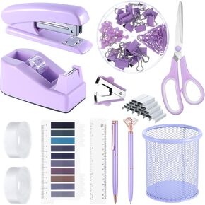 13 in 1 Purple Desk Office Supplies Set, Purple Stapler and Tape Dispenser Desk Accessories for Women with Stapler,Tape Dispenser,1000 Staple,Pen Holder,Staple Remover,Clip,Ruler,Scissor, Tab,Tape,Pen