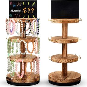 Yalikop 2 Pcs Bracelet Holder 3 Tier Wooden 360° Rotating Bracelet Display Stand Bracelet Display with Advertising Board Hooks Jewelry Hanger Display for Bracelets Keychains Hair Accessories