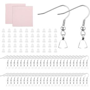 Sliverdew Stainless Steel Earring Hooks 100 Pieces DIY Earring Making Kit, 50 Pcs Hypoallergenic Earring Hooks with 50 Pcs Clear Silicone Earring Backs and 2 Pcs Polishing Cloth for Jewelry Making