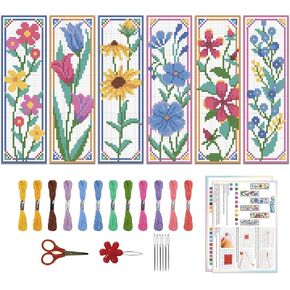 ORIGACH 6 Pcs Flower Cross Stitch Bookmark Kit for Beginner Sunflowers Tulip DIY Stamped Embroidery Bookmark Kit for Starter Printed Cross Stitch Kits with Instruction for Book Lovers