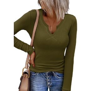 Zeagoo Womens Long Sleeve Shirts V-Neck Slim Fitted Knit Top Stretch Ribbed Basic Tee Casual Y2k Going Out T-Shirt