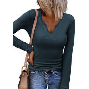 Zeagoo Womens Long Sleeve Shirts V-Neck Slim Fitted Knit Top Stretch Ribbed Basic Tee Casual Y2k Going Out T-Shirt in Saudi Arabia