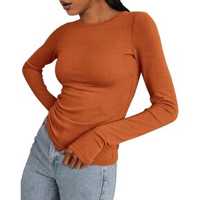 BTFBM Women's Casual Tops Fall Winter 2024 Long Sleeve Crew Neck Workout Stretchy Slim Fit Basic Y2K Going Out Shirt