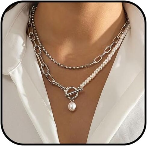 Stack Irregular Gold Necklace Baroque Pearl Necklace Gold Plated Paper Clip OT Buckle Necklace Delicate Layered Stack Can Be Freely Adjusted Length Pearl Pendant Beaded Necklace Women in Saudi Arabia