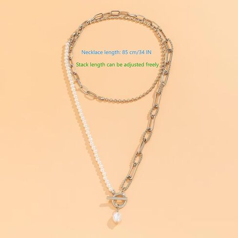 Stack Irregular Gold Necklace Baroque Pearl Necklace Gold Plated Paper Clip OT Buckle Necklace Delicate Layered Stack Can Be Freely Adjusted Length Pearl Pendant Beaded Necklace Women in Saudi Arabia