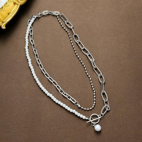 Stack Irregular Gold Necklace Baroque Pearl Necklace Gold Plated Paper Clip OT Buckle Necklace Delicate Layered Stack Can Be Freely Adjusted Length Pearl Pendant Beaded Necklace Women in Saudi Arabia