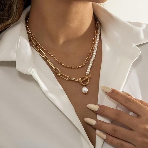 Stack Irregular Gold Necklace Baroque Pearl Necklace Gold Plated Paper Clip OT Buckle Necklace Delicate Layered Stack Can Be Freely Adjusted Length Pearl Pendant Beaded Necklace Women in Saudi Arabia
