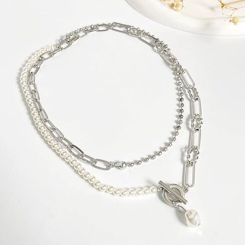 Stack Irregular Gold Necklace Baroque Pearl Necklace Gold Plated Paper Clip OT Buckle Necklace Delicate Layered Stack Can Be Freely Adjusted Length Pearl Pendant Beaded Necklace Women in Saudi Arabia