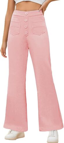Girls Flare Pants Kids High Waisted Button Casual Yoga Bootcut Pants Bell Bottoms with Multiple Pockets in Saudi Arabia