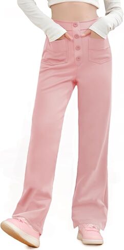 Girls Flare Pants Kids High Waisted Button Casual Yoga Bootcut Pants Bell Bottoms with Multiple Pockets in Saudi Arabia