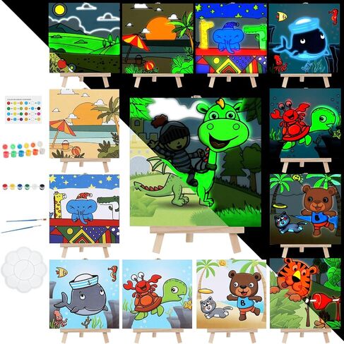 Tenceur 8 Set Halloween Painting Canvas Kit for Kids Glow in the Dark Pre Drawn Canvas 6" x 6" Fluorescent Pre Printed Canvas DIY Neon Art Painting Gifts for Halloween with Easel Paints Brushes Pallet in Saudi Arabia