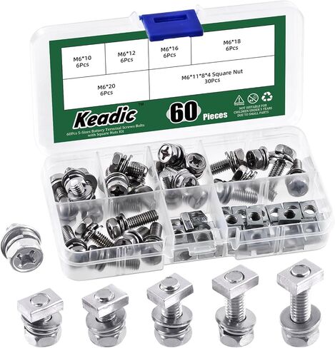 Keadic 60 حزمة M6x10/12/16/18/20 مم 304 مجموعة متنوعة من مسامير وصواميل البطارية المصنوعة من الفولاذ المقاوم للصدأ، براغي طرفية بطارية دراجة نارية ATV مع صواميل مربعة لأجهزة الكمبيوتر الخاصة بالسيارات in Saudi Arabia