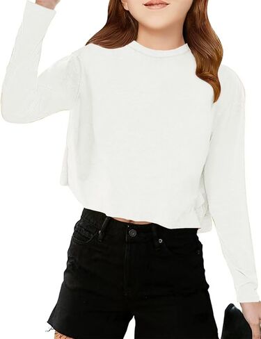 Girls Long Sleeve Crop Tops Kids Fashion Loose Crew Neck Cropped T-Shirts Casual Basic Tees in Saudi Arabia