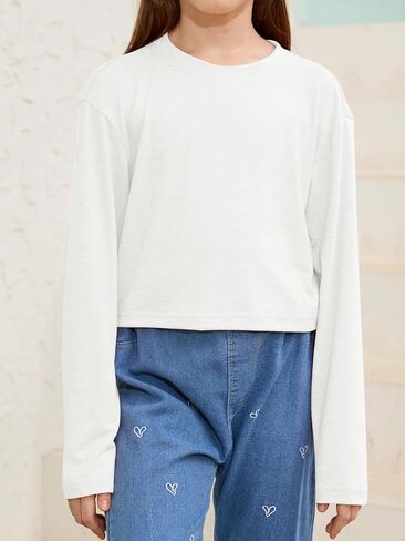 Girls Long Sleeve Crop Tops Kids Fashion Loose Crew Neck Cropped T-Shirts Casual Basic Tees in Saudi Arabia