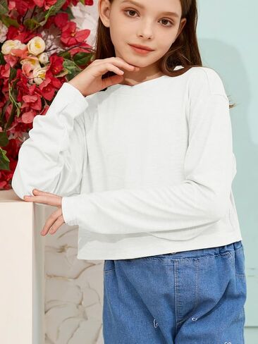 Girls Long Sleeve Crop Tops Kids Fashion Loose Crew Neck Cropped T-Shirts Casual Basic Tees in Saudi Arabia