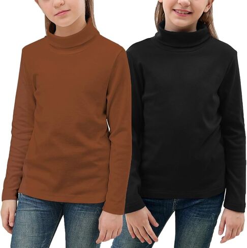 GORLYA 2 Pack Girls Turtleneck Long Sleeve Basic T-Shirt Mock Neck Soft Knit Slim Fitted Tee Tops Multipacks for 8-16Y in Kuwait