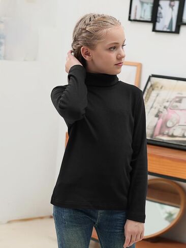 GORLYA 2 Pack Girls Turtleneck Long Sleeve Basic T-Shirt Mock Neck Soft Knit Slim Fitted Tee Tops Multipacks for 8-16Y in Kuwait
