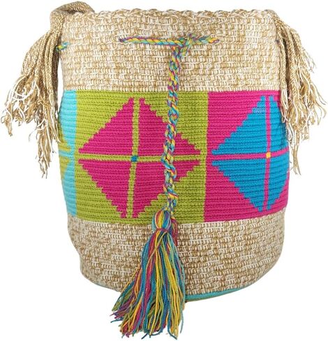 حقيبة Wayuu Mochila الكولومبية الأصلية: حقيبة شاطئ مصنوعة يدويًا من قش Boho، مصنوعة يدويًا على يد حرفيي Wayúu - حقائب Boho الكولومبية الأصلية (M57) in Saudi Arabia