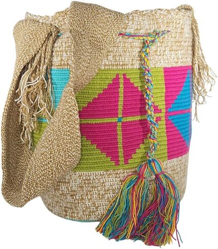 حقيبة Wayuu Mochila الكولومبية الأصلية: حقيبة شاطئ مصنوعة يدويًا من قش Boho، مصنوعة يدويًا على يد حرفيي Wayúu - حقائب Boho الكولومبية الأصلية (M57) in Saudi Arabia