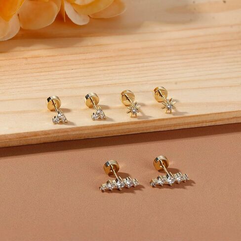 Dochais أقراط مسطحة الظهر 14K أقراط مطلية بالذهب ترصيع حلق الغضروف 925 الفضة الاسترليني هيبوالرجينيك اللولب القرط الصغير الزنمة الغضروف المسمار الخلفي أقراط لثقب متعددة in Saudi Arabia