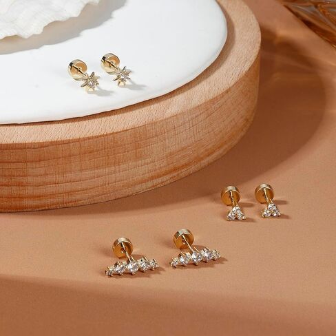 Dochais أقراط مسطحة الظهر 14K أقراط مطلية بالذهب ترصيع حلق الغضروف 925 الفضة الاسترليني هيبوالرجينيك اللولب القرط الصغير الزنمة الغضروف المسمار الخلفي أقراط لثقب متعددة in Saudi Arabia