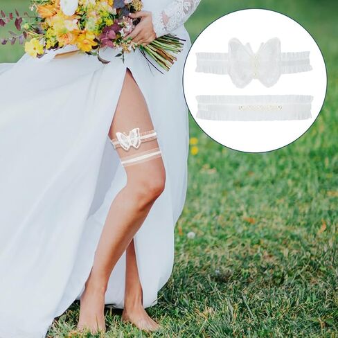 WEBEEDY 2 Pairs Wedding Garters for Bride White Lace Wedding Bridal Garter with Bow Party Prom Leg Garter Belt Tossing Thigh Garters Pearl Elastic Leg Ring for Party Prom Birthday in Saudi Arabia