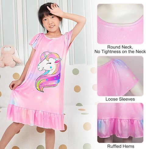 MHJY Girls Nightgowns Pajamas Unicorn Dress Rainbow Princess Girls' Nightgowns Sleep Shirts for Kids in Saudi Arabia