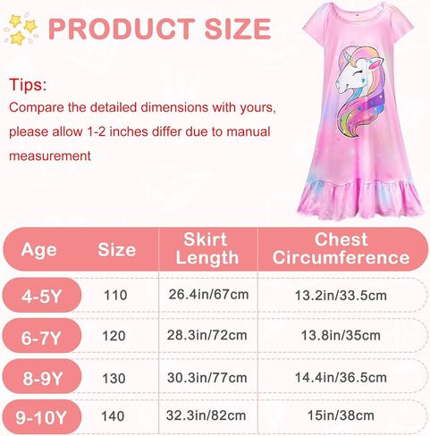 MHJY Girls Nightgowns Pajamas Unicorn Dress Rainbow Princess Girls' Nightgowns Sleep Shirts for Kids in Saudi Arabia