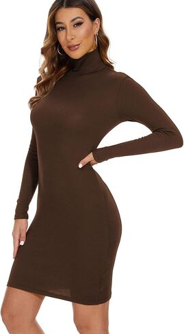 Turtleneck Dress for Women Knit Ribbed Fall Dress Bodycon Long Sleeve Dress in Saudi Arabia