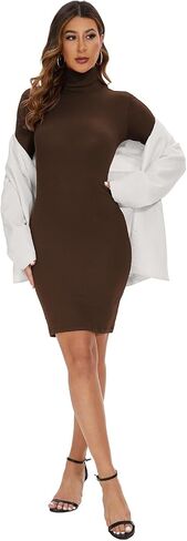Turtleneck Dress for Women Knit Ribbed Fall Dress Bodycon Long Sleeve Dress in Saudi Arabia