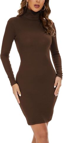 Turtleneck Dress for Women Knit Ribbed Fall Dress Bodycon Long Sleeve Dress in Saudi Arabia