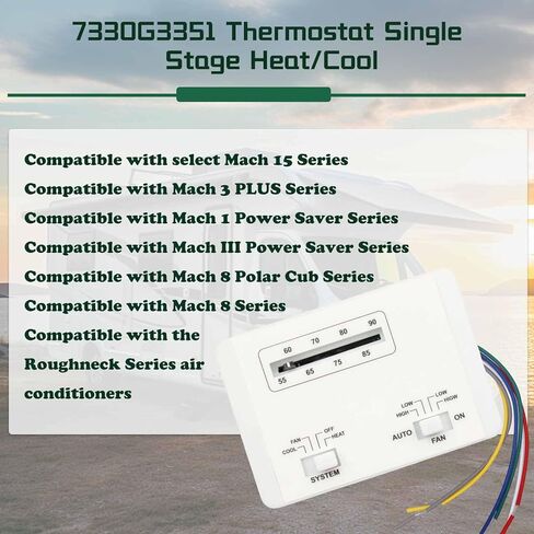 7330G3351 ترموستات متوافق مع مكيفات الهواء Coleman RV Select سلسلة Mach وRoughneck، ترموستات حرارة/تبريد أحادي المرحلة 12 فولت، التحكم في مروحة الوضع التلقائي/التشغيل، بديل لـ 69-1248 in Kuwait