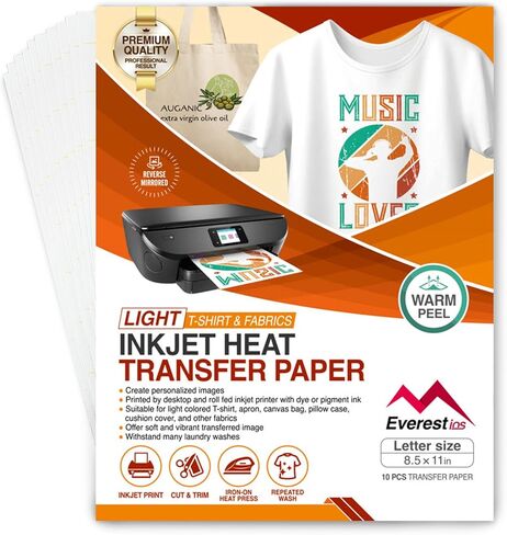 Everest Inkjet Printable Transfer Paper for T Shirts, Light Fabrics, 10 Sheets 8.5 x 11 inch, Long Lasting, Durable, Professional Quality, Non-Toxic, Raw Material Made in The USA (10 Sheet, Light) in Saudi Arabia