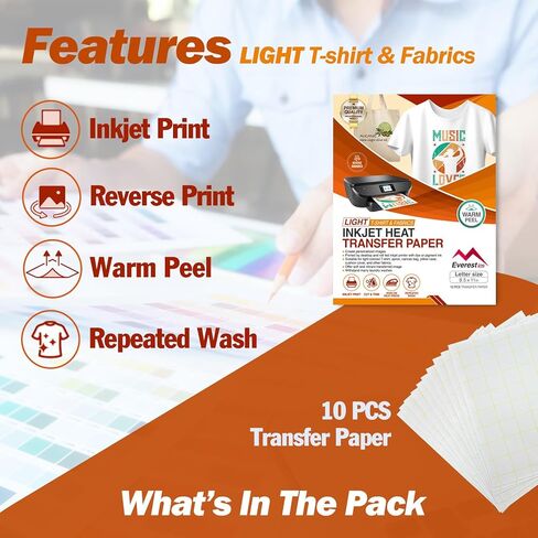 Everest Inkjet Printable Transfer Paper for T Shirts, Light Fabrics, 10 Sheets 8.5 x 11 inch, Long Lasting, Durable, Professional Quality, Non-Toxic, Raw Material Made in The USA (10 Sheet, Light) in Saudi Arabia