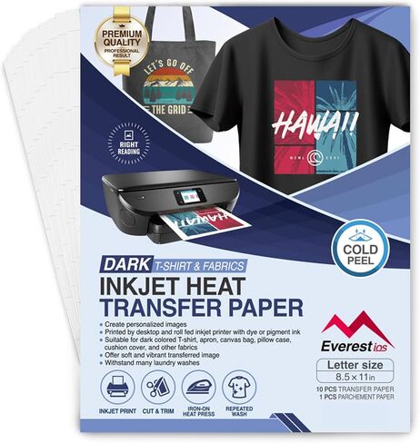Everest Inkjet Printable Transfer Paper for T Shirts, Light Fabrics, 10 Sheets 8.5 x 11 inch, Long Lasting, Durable, Professional Quality, Non-Toxic, Raw Material Made in The USA (10 Sheet, Light) in Saudi Arabia