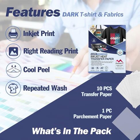 Everest Inkjet Printable Transfer Paper for T Shirts, Light Fabrics, 10 Sheets 8.5 x 11 inch, Long Lasting, Durable, Professional Quality, Non-Toxic, Raw Material Made in The USA (10 Sheet, Light) in Saudi Arabia