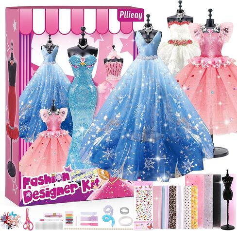مجموعة مصمم الأزياء من Pllieay للفتيات مجموعة الخياطة مجموعة الفنون والحرف اليدوية الإبداعية مع مجموعة ملابس DIY مع عارضة أزياء، 6 فساتين مقطوعة مسبقًا، 11 إكسسوارات من القماش والدمى للفتيات والأطفال هدية عيد ميلاد in Kuwait