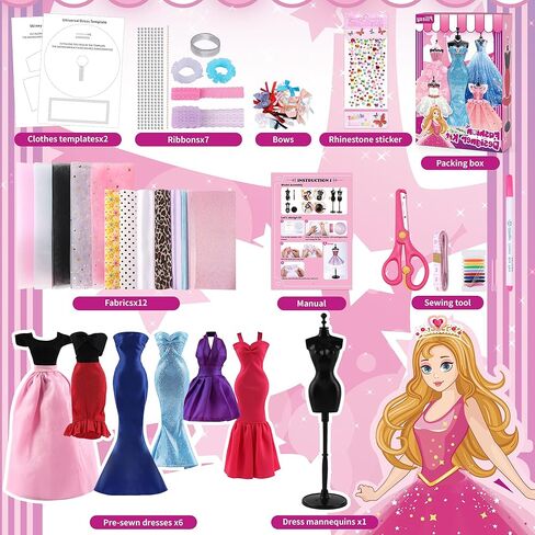 مجموعة مصمم الأزياء من Pllieay للفتيات مجموعة الخياطة مجموعة الفنون والحرف اليدوية الإبداعية مع مجموعة ملابس DIY مع عارضة أزياء، 6 فساتين مقطوعة مسبقًا، 11 إكسسوارات من القماش والدمى للفتيات والأطفال هدية عيد ميلاد in Kuwait